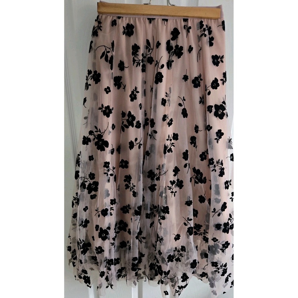 Womens Tulle Midi Skirt M Pink Black Velvet Floral Sheer Layered High Low
